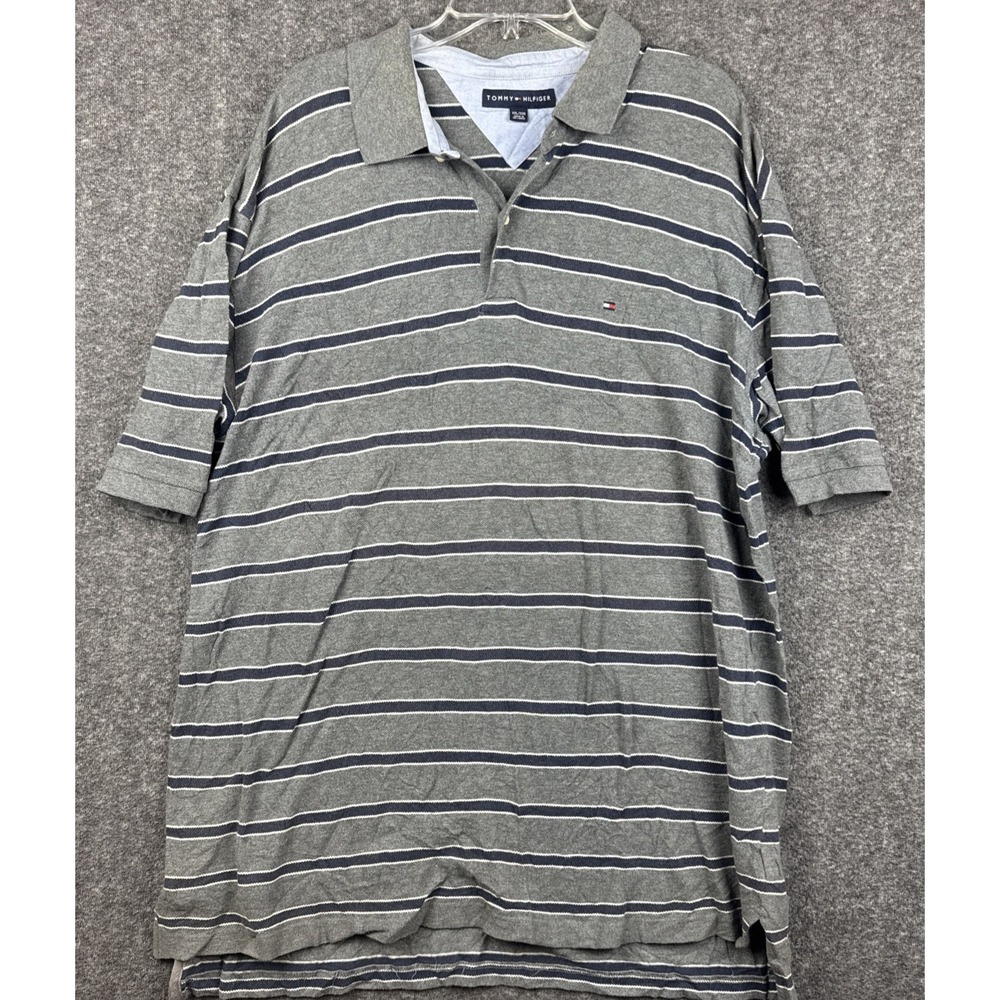 Tommy Hilfiger Polo Shirt Mens 2XL Gray Blue Striped Short Sleeve Preppy